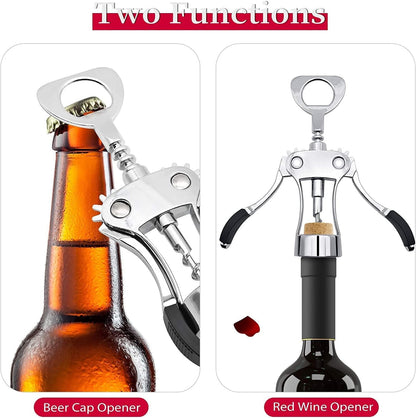 Professional Wing Corkscrew - Zinc Alloy Wine Opener with Non-Slip Silicone Handle - Multifunctional 2 in 1 for Red Wine and Beer Bottles - Ideal for Home Bars, 19 x 6 x 5.5 CM, Natural