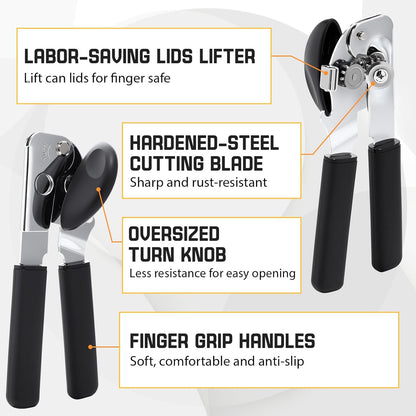 2 Pack Can Opener Manual with Magnet, Heavy Duty Handheld Can Opener for Seniors with Sharp Blade and Grip Handle, Solid Steel Tin Cutter for Kitchen Camping, Black