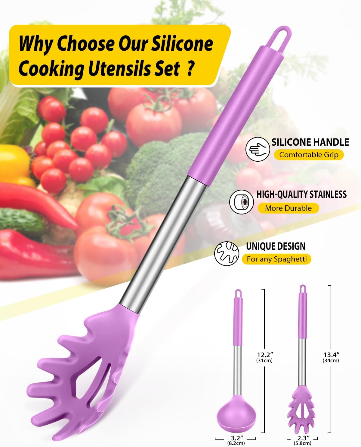 Silicone Pasta Fork and Ladle Spoon Set, Large Non Stick Kitchen Utensils for Cooking,Stirring,Serving Spaghetti, Soup, Sauce (GRAY)