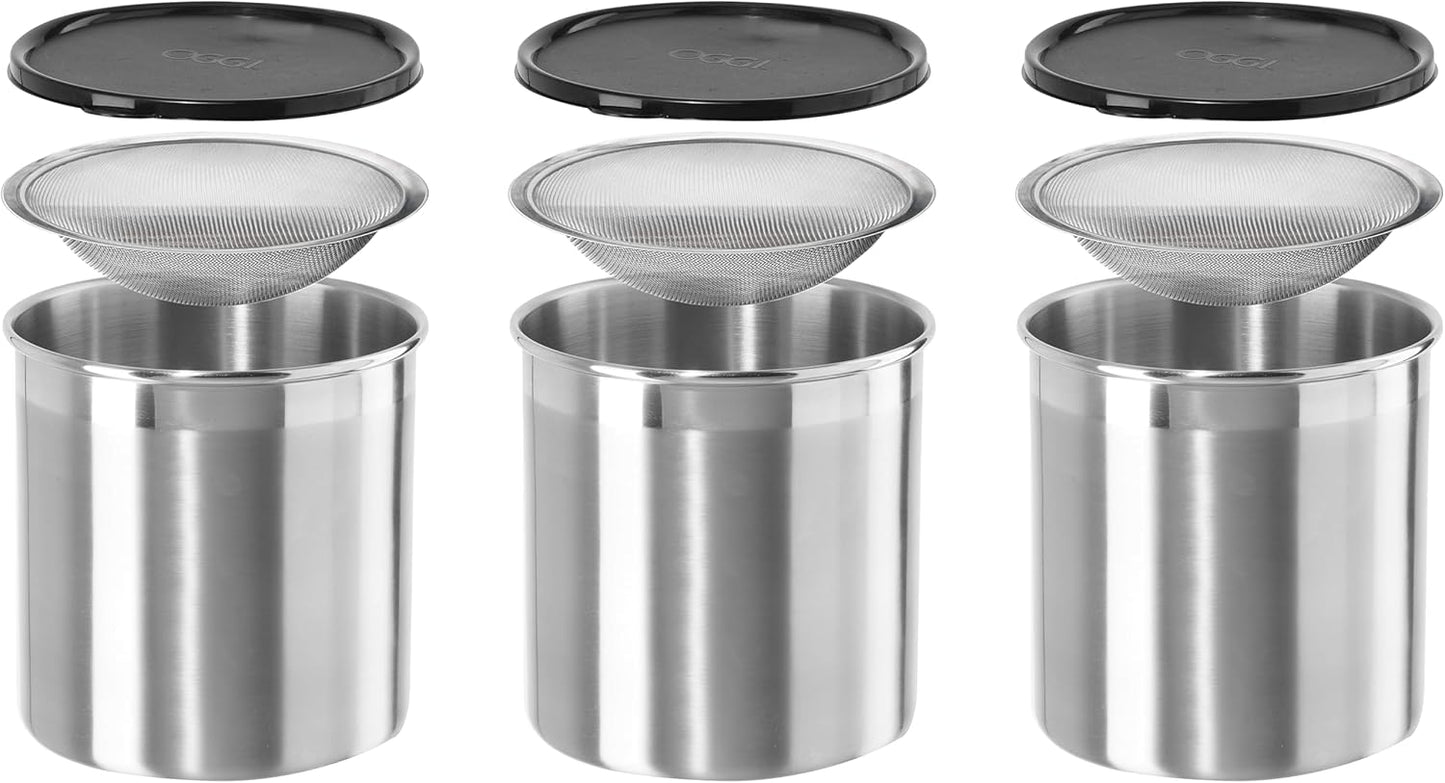 Oggi Stainless Steel Jumbo Grease Container with Removable Strainer and Snug Lid. Perfect container for fryer oil, bacon drippings, lard and ghee oil. Large capacity can - 1 Gall / 4 Qt / 3.75 Lt