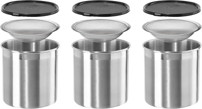 Oggi Stainless Steel Jumbo Grease Container with Removable Strainer and Snug Lid. Perfect container for fryer oil, bacon drippings, lard and ghee oil. Large capacity can - 1 Gall / 4 Qt / 3.75 Lt