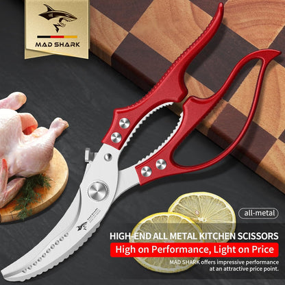 MAD SHARK Heavy Duty Poultry Shears, Kitchen Shears with Non-Slip Handle & Safety Lock, All Purpose Kitchen Scissors for Chicken, Meat Cutting, Turkey, Fish, Vegetables, Spring Loaded, Dishwasher Safe