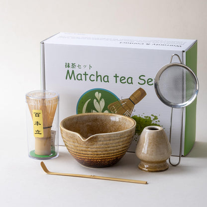 Traditional Matcha Tea Ceremony Set with Ceramic Bowl, Bamboo Whisk, Stand and Strainer, 5-Piece (yellow)