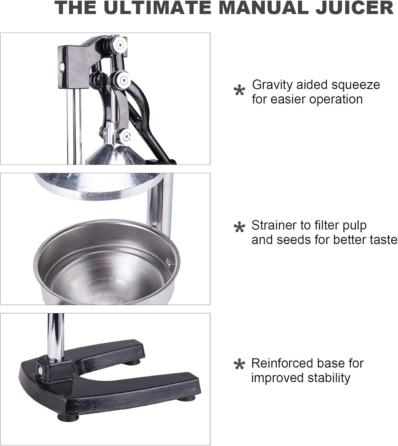 CO-Z Manual Citrus Juicer, Commercial Grade Cast Iron Orange Juicer, Professional Heavy Duty Juice Press with Removable Strainer, Manual Juice Extractor for Orange Lemon Pomegranate Citrus, Black