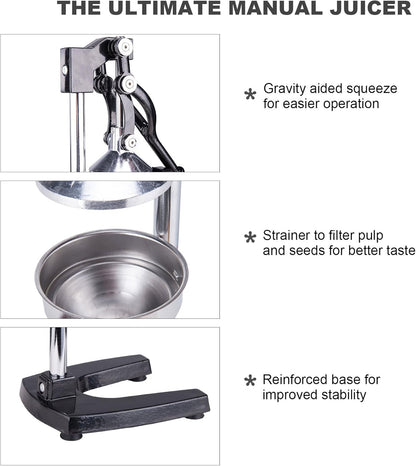 CO-Z Manual Citrus Juicer, Commercial Grade Cast Iron Orange Juicer, Professional Heavy Duty Juice Press with Removable Strainer, Manual Juice Extractor for Orange Lemon Pomegranate Citrus, Black