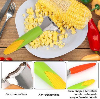 Stainless Steel Corn Thresher Tool & Fruit Peeler, Durable Corn on the Cob Stripper Stripping Husker Separator Scraper Grip Vegetable Peeling Remover Slicer Cutter Knife for Kitchen Gadget Set