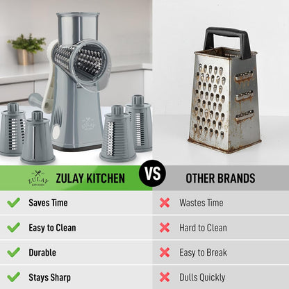 Zulay Kitchen Rotary Cheese Grater 5 Blade Cheese Shredder - Manual Hand Crank Cheese Grater With Reinforced Suction & 5 Interchangeable Drums - Easy to Use, Vegetable Chopper Round Mandoline Slicer - Colors A