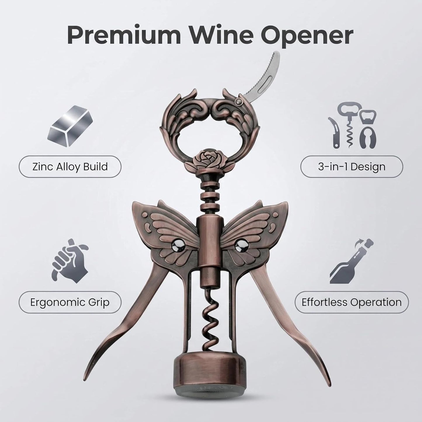 Wine Opener, 3 in 1 Zinc Alloy Premium Wing Corkscrew Wine Bottle Opener with Multifunctional Bottles Opener and Serrated Foil Cutter for Wine and Beer (Black)