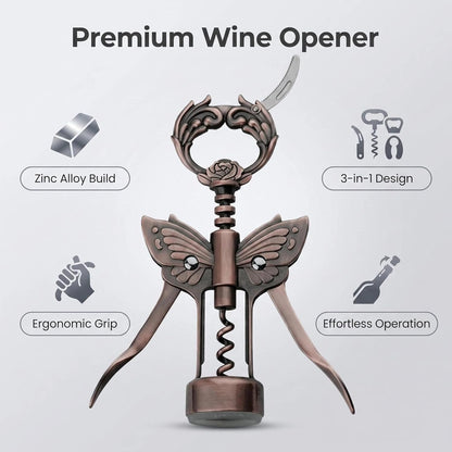 Wine Opener, 3 in 1 Zinc Alloy Premium Wing Corkscrew Wine Bottle Opener with Multifunctional Bottles Opener and Serrated Foil Cutter for Wine and Beer (Black)