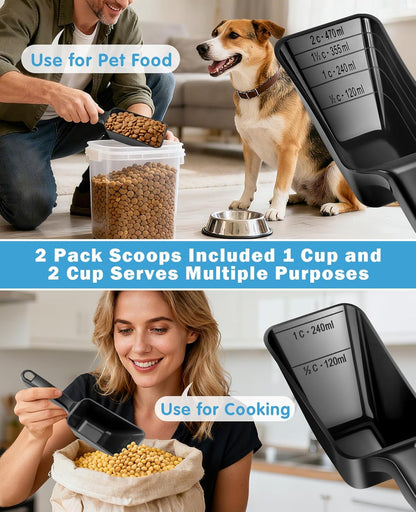 2-Pack Dog Food Scoop Set,1 Cup and 2 Cup Plastic Pet Food Measuring Scoops with Clear Measurement Lines,Multi-Purpose Pet Food Scooper for Dogs, Cats (Green and Black)
