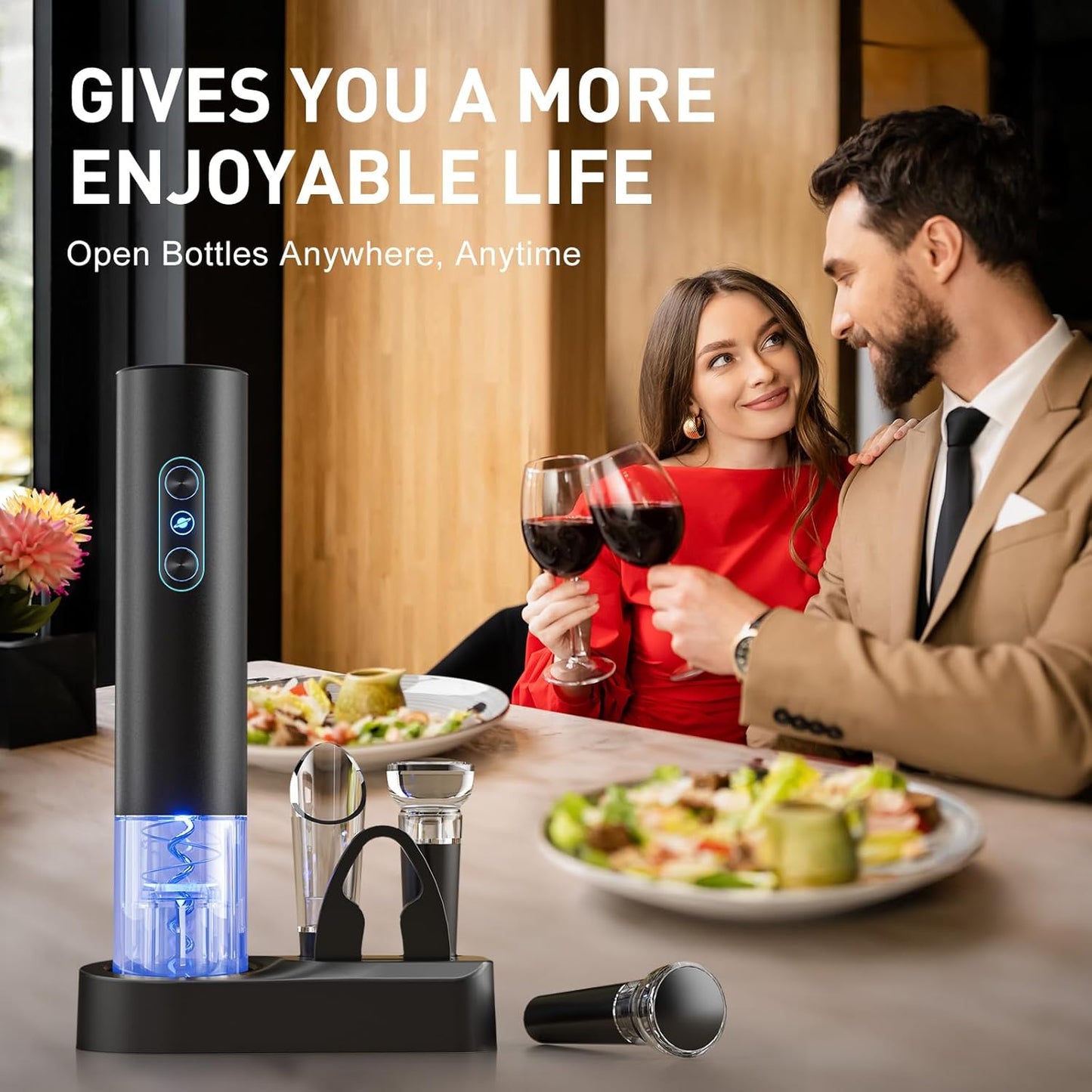 Electric Wine Opener, Rechargeable Cordless Wine Accessories, Stainless Steel Cordless Automatic Wine Bottle Corkscrew with Vacuum Stoppers, Foil Cutter for Home Party Wedding, Bars(Black)