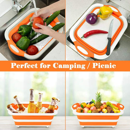 Collapsible Cutting Board, Foldable Chopping Board with Colander, Multifunctional Kitchen Vegetable Washing Basket Silicone Dish Tub for BBQ Prep/Picnic/Camping(Light Blue)