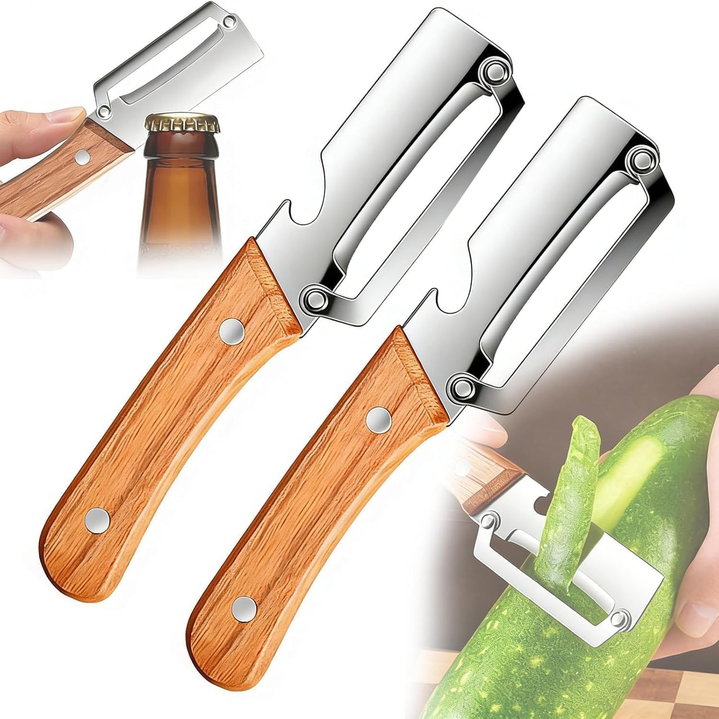 Multi-Functional Vegetable Peeler, 2026 Ultra-Sharp Stainless Steel Blade with Wooden Handle and Bottle Opener, Contour-Flow for Kitchen Prep, Camping, Apple Potato Pumpkin Papaya Peeling (2)