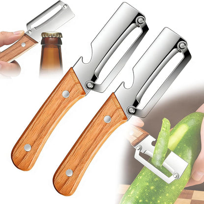 Multi-Functional Vegetable Peeler, 2026 Ultra-Sharp Stainless Steel Blade with Wooden Handle and Bottle Opener, Contour-Flow for Kitchen Prep, Camping, Apple Potato Pumpkin Papaya Peeling (2)