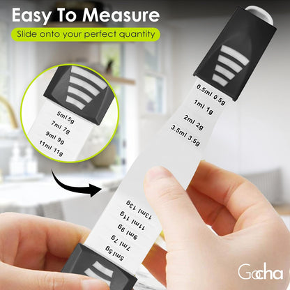 GOCHA Double-Ended Adjustable Measuring Spoon - 9-in-1 Kitchen Tool with Precision Scales (0.5-13ml/g) - Space-Saving Design for Dry & Liquid Ingredients (Black Green)