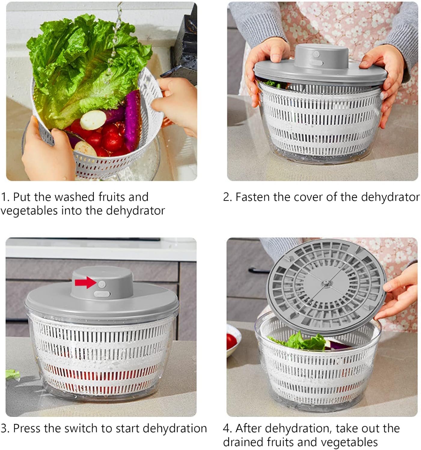 Electric Salad Spinner,6L Large Capacity Automatic Vegetables Fruit Washer Dryer Drainer Strainer,USB Charge Lettuce Spinner Cleaner with 350 ml Squeeze Bottle for Home Kitchen