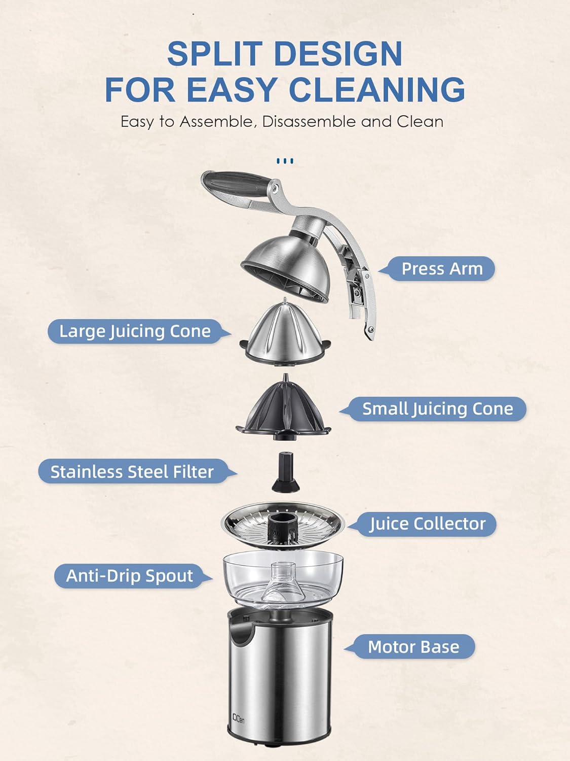 Professional Brushed Stainless Steel Electric Citrus Juicer, 2 Interchangeable Cones for Orange, Lemon & Grapefruit, Easy Clean, Durable Design & Effortless Operation