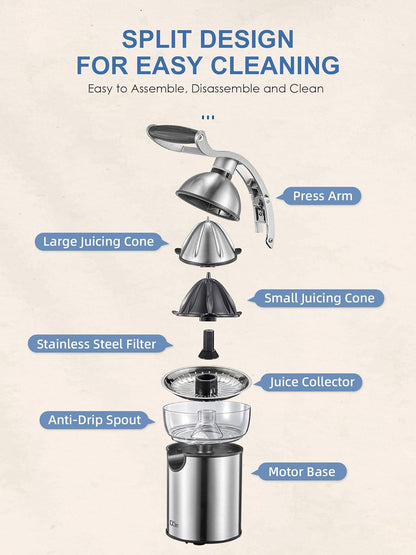 Professional Brushed Stainless Steel Electric Citrus Juicer, 2 Interchangeable Cones for Orange, Lemon & Grapefruit, Easy Clean, Durable Design & Effortless Operation
