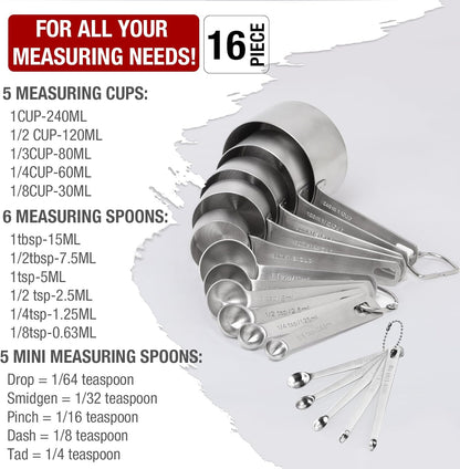 16-Piece Measuring Cups and Spoons Set Includes 4 Metal Measuring Cups 6 Stainless Steel Tablespoon Teaspoon Measuring Spoons & 5 Mini Spoons for Measuring Liquid Dry Ingredients Home Kitchen