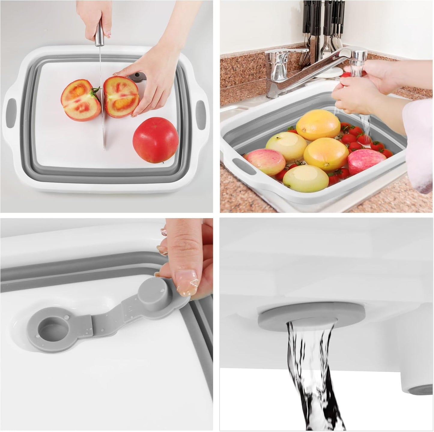 Space Saving Cutting Board, Collapsible Dish Tub with Draining Hole, Folding Chopping Board with Colander, 3 in 1 Multifunction Camping Sink for Washing Dish, Bowl, Vegetables and Fruit