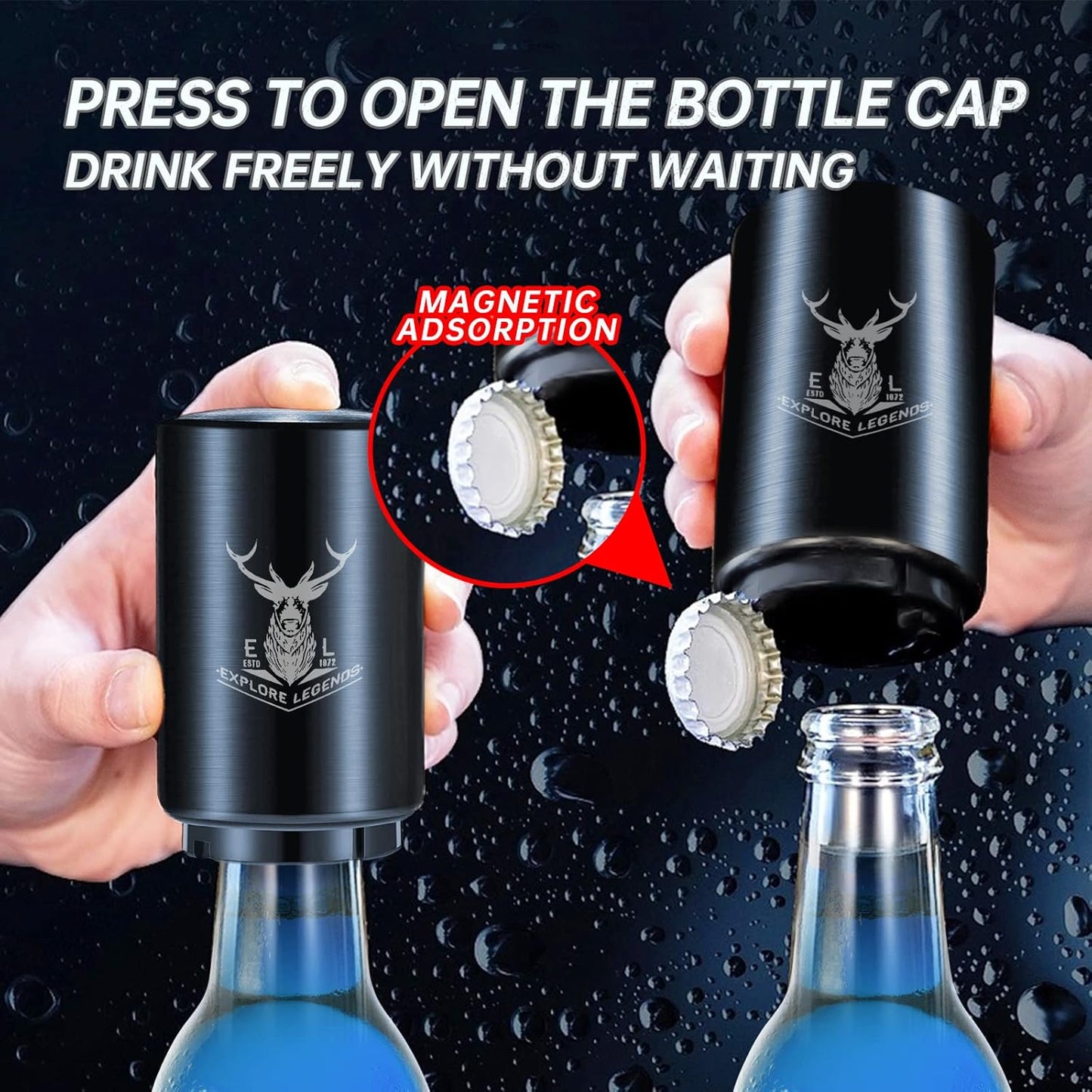 2PCS Beer Bottle Opener with Magnetic Cap, Automatic Stainless Steel One-Handed Bottle Cap Opener, Spring Loaded Push&Pop for Kitchen Home Bar Restaurant Household Utensils Destapador de Cerveza