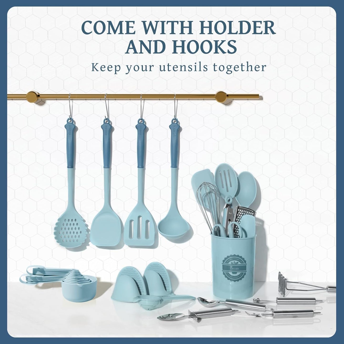 Kikcoin 43Pcs Large Kitchen Utensils Set - Silicone Cooking Utensils Set, Dishwasher Safe Spatula Set for Non-stick Cookware, 446°F Heat Resistant Kitchen Utensils Set with Holder BPA Free, Grey