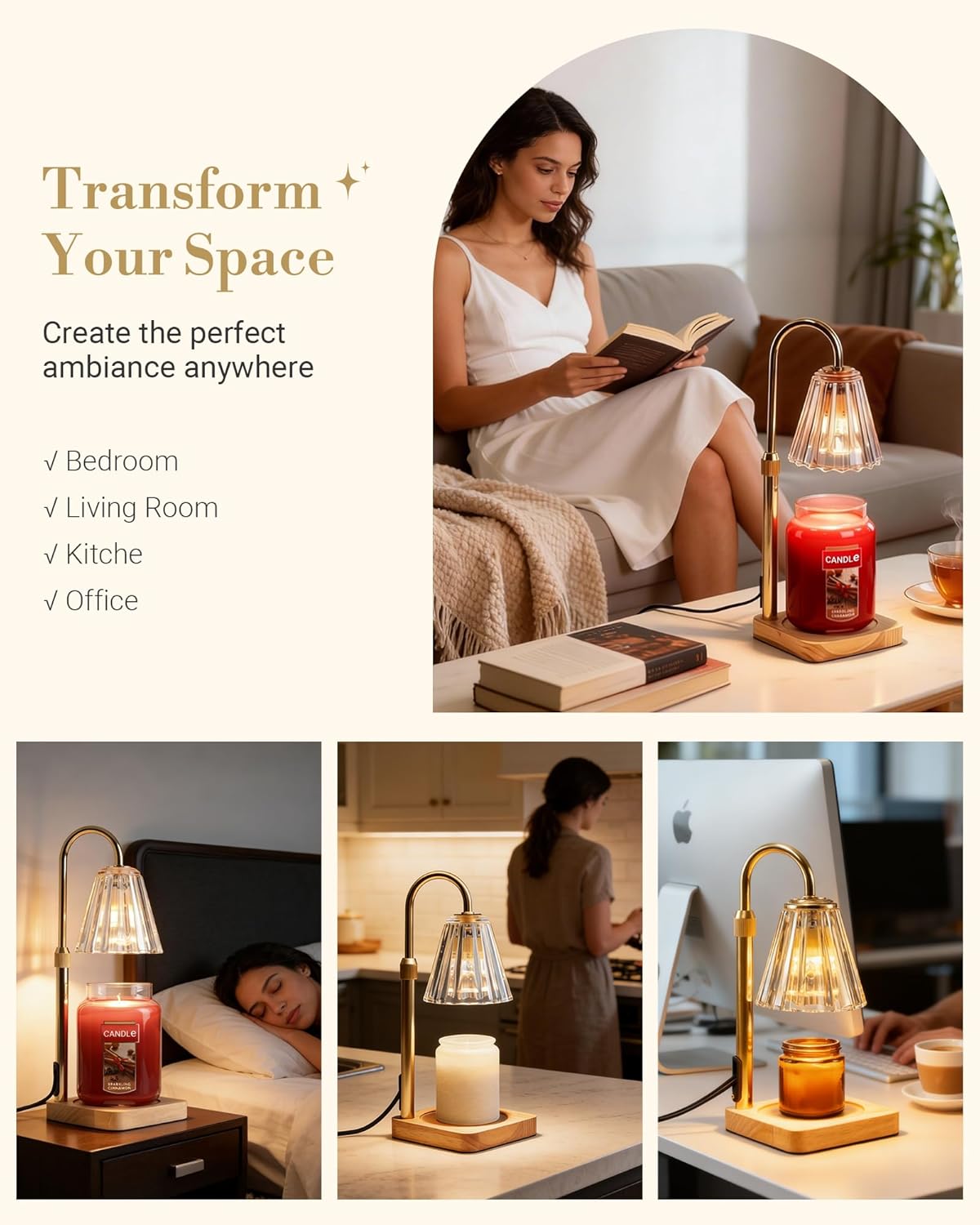 Marycele Candle Warmer Lamp with Timer & Dimmer - Mothers Day Gifts for Women Mom Her, Aesthetic Office Home Decor, Adjustable Height Wax Melter for Candle Jar & 3-Wick Candles (2 Bulbs Included)