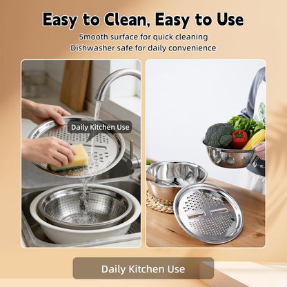 Mixing Bowls Set, 3 In 1 Multifunctional Stainless Steel Basin, Rice Washer Strainer Bowl, Kitchen Grater Set with Drain Basket for Vegetables Salad, 10.2 Inches