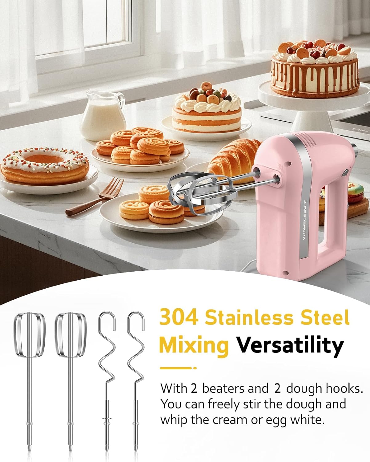 Electric Hand Mixer, Powerful 300W Hand Mixer Electric Handheld with 304 Beaters, Dough Hook,Hand Held Mixer with Turbo for Baking Cakes, Eggs, Cream Food(Black)