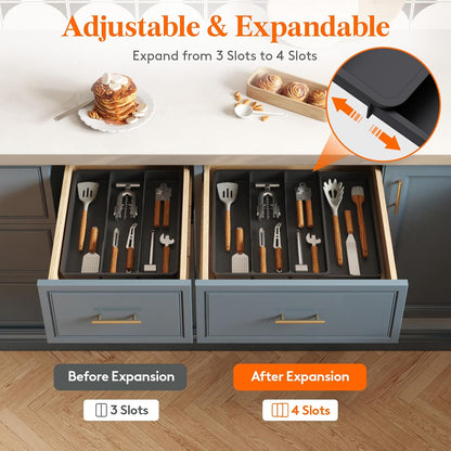 Lifewit Utensil Organizer for Kitchen Drawer, Expandable Cooking Silverware Tray, Adjustable Cutlery Flatware Holder, Plastic Spatula Tools Storage Divider, 14.4 x 15.8", Black