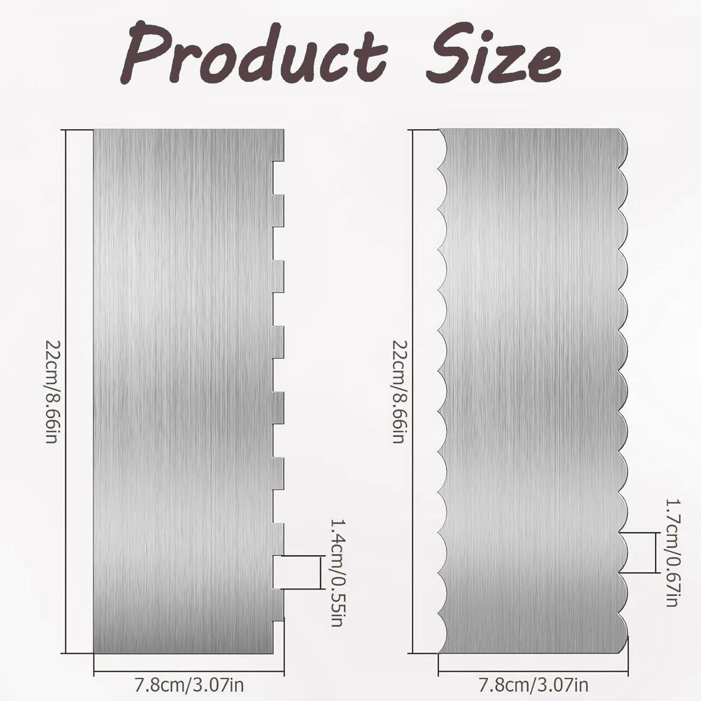 2 Pieces Stainless Steel Cake Scraper, 9 Inch Large Cake Smoother Scraper Contour Double Sided Patterned Edge Stripe Tool Pastry Cutter in 6 Patterns for Different Shapes of Comb Cake Edges Decoration