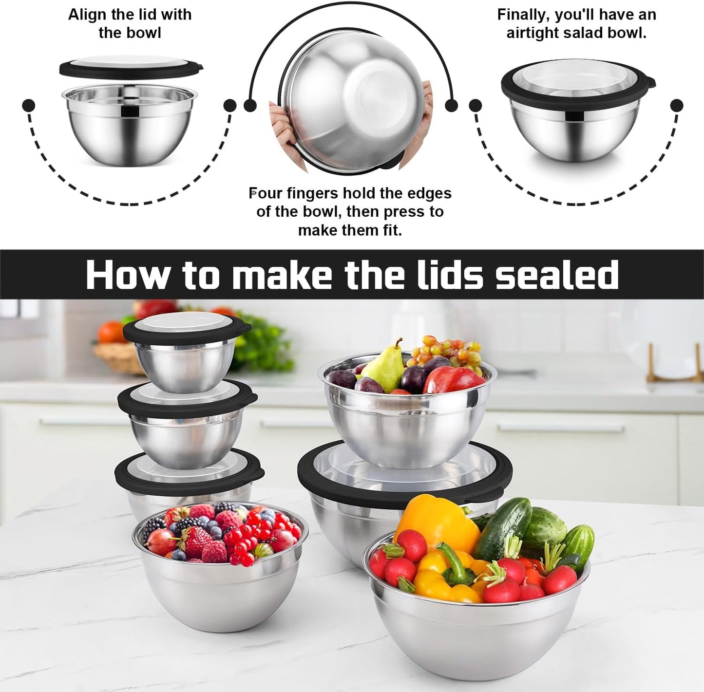 E-far Stainless Steel Mixing Bowls with Airtight Clear Lids Set of 7, Metal Nesting Bowls for Kitchen Prep, Baking, Cooking, Serving, Salad, Dishwasher Safe, Size 4.6, 3.5, 3, 2, 1.5, 1, 0.7QT, Khaki