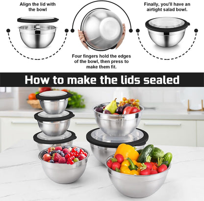 E-far Stainless Steel Mixing Bowls with Airtight Clear Lids Set of 7, Metal Nesting Bowls for Kitchen Prep, Baking, Cooking, Serving, Salad, Dishwasher Safe, Size 4.6, 3.5, 3, 2, 1.5, 1, 0.7QT, Khaki
