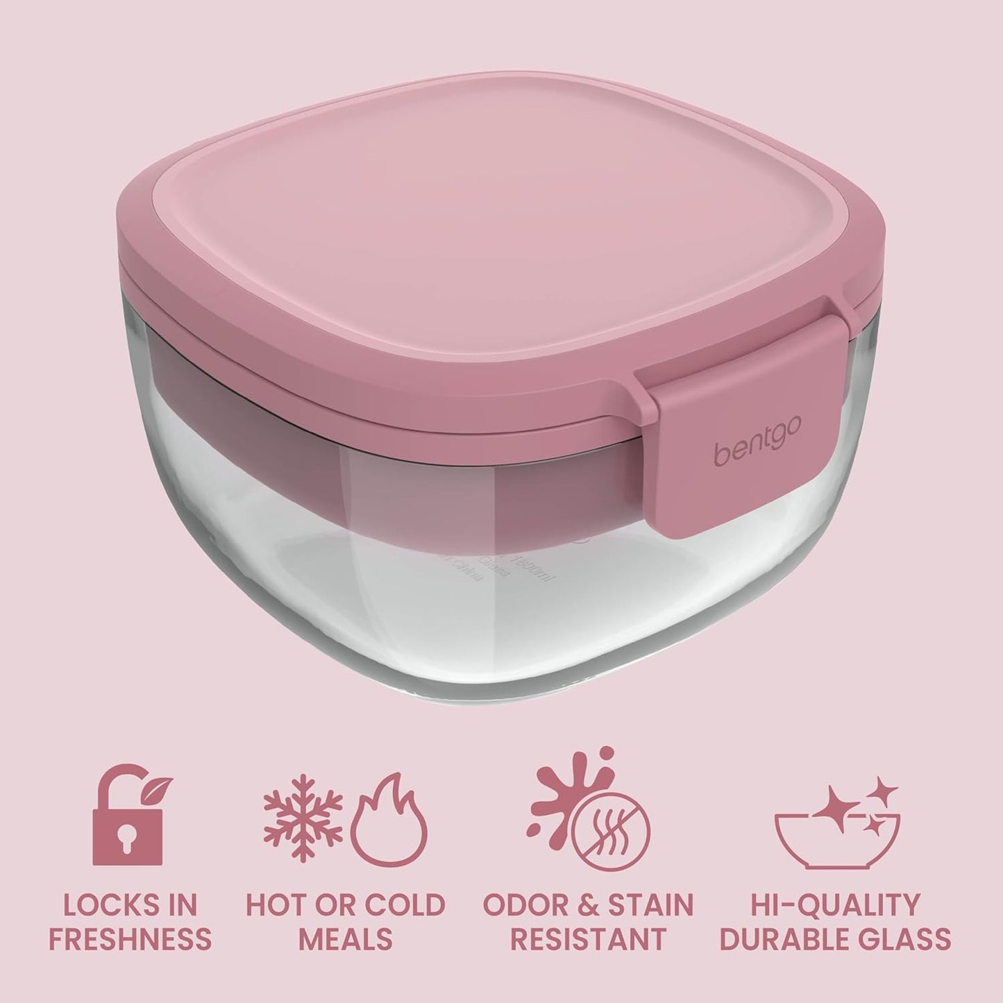 Bentgo Glass Prints Salad Container - 7.6-Cup Tinted Glass Salad Bowl with Airtight Lid, Leak-Proof Sauce Container, 4-Compartment Bento Meal Prep Tray & Reusable Fork (Floral Maximalist - Sea)