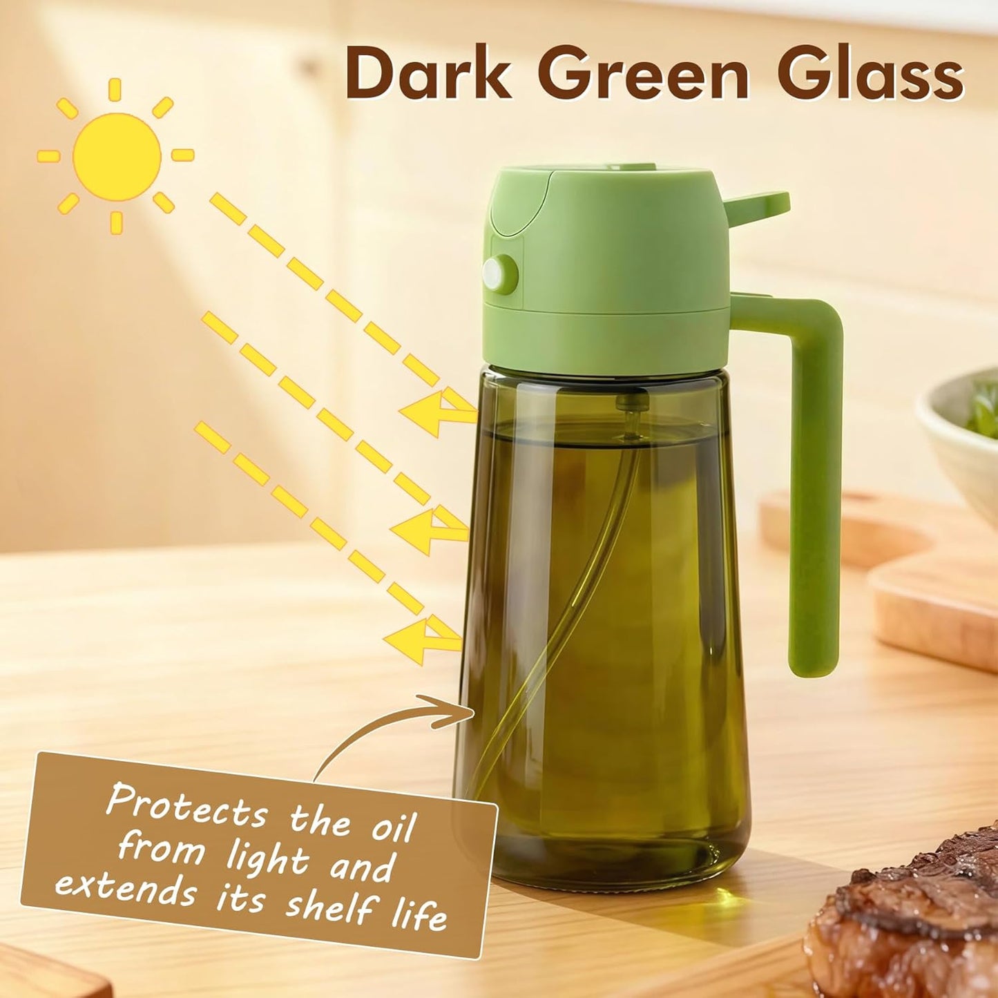 Poshetion 2 in 1 Olive Oil Sprayer for Cooking, 16oz Light-Proof Oil Dispenser for Kitchen, Leak-Proof Oil Spray Bottle for Air Fryer, Salad, BBQ, Baking, Grilling - Black & Green