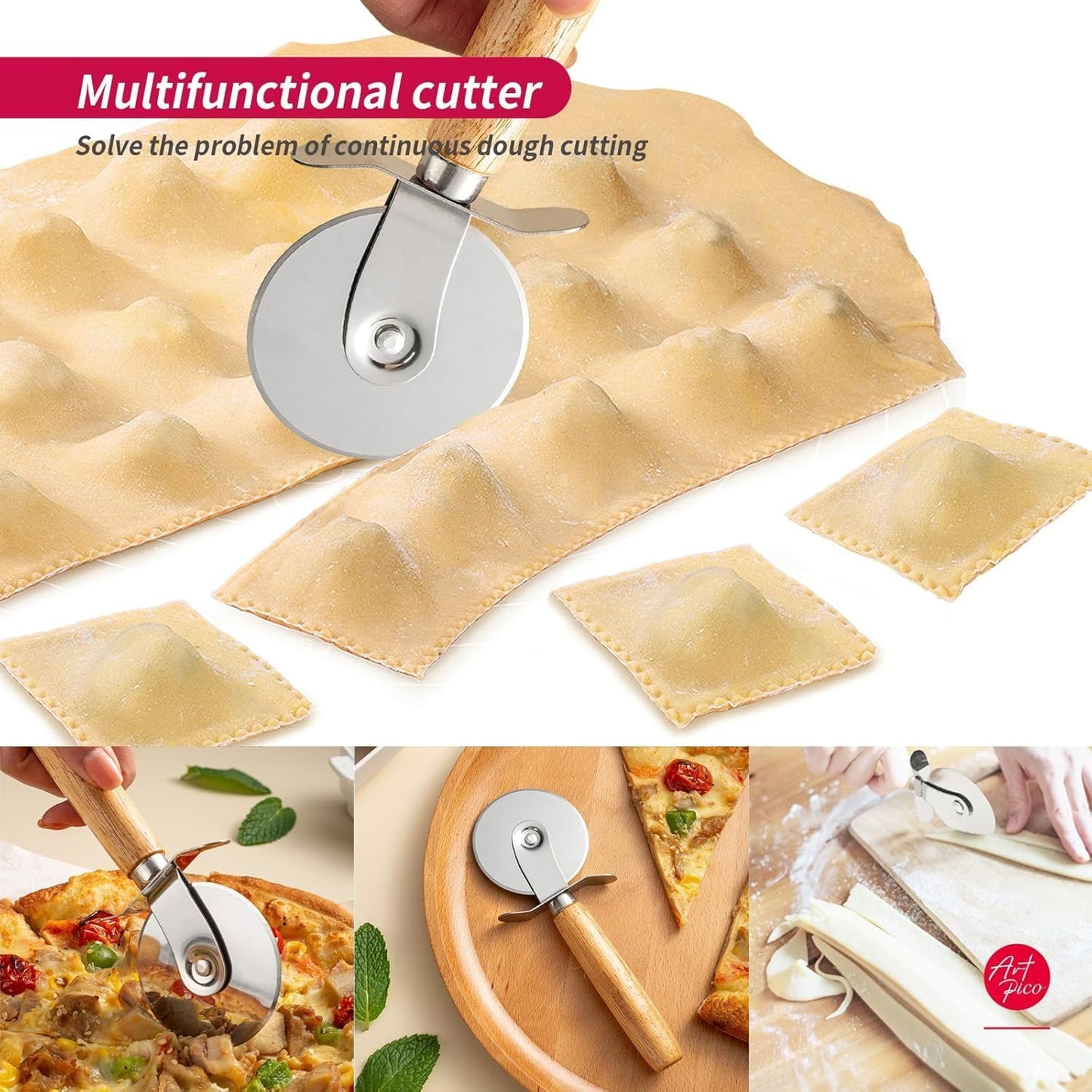 ARTPICO Ravioli Stamp Maker Cutter Roller Wheel Set of 5 Pasta Making Kit Wooden Handle Fluted Edge for Ravioli Press Cutter Pastry Dumplings Lasagna Pierogi Dough cut