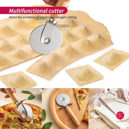ARTPICO Ravioli Stamp Maker Cutter Roller Wheel Set of 5 Pasta Making Kit Wooden Handle Fluted Edge for Ravioli Press Cutter Pastry Dumplings Lasagna Pierogi Dough cut
