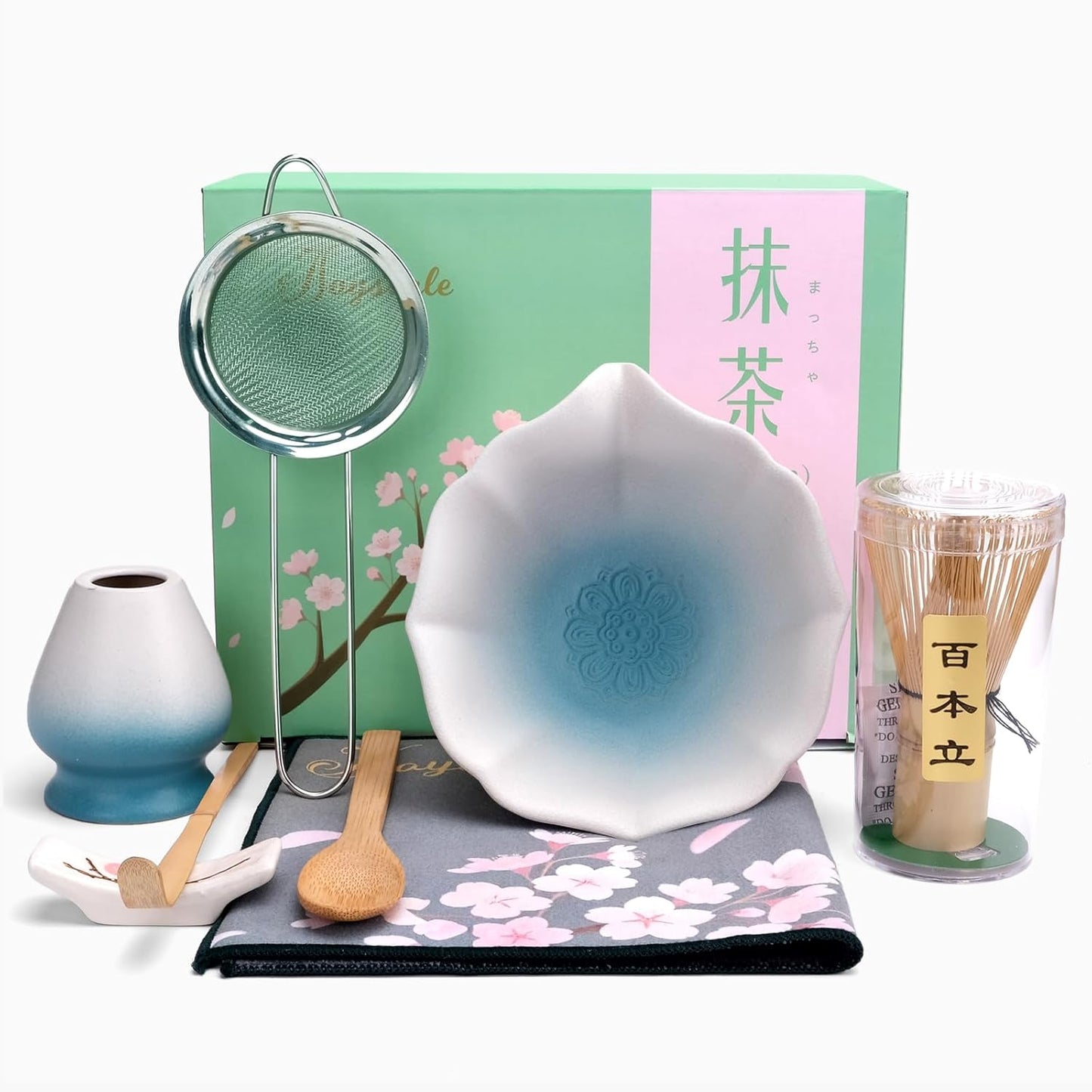 Joyscale Matcha Whisk Set, Matcha Set Whisk And Bowl, 8 Pcs Matcha Kit Set(Lotus Design), 11 OZ, Japanese Matcha Tea Set, Matcha Making Kit Gifts for Tea Lovers(Gradient Blue)