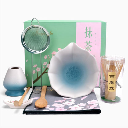 Joyscale Matcha Whisk Set, Matcha Set Whisk And Bowl, 8 Pcs Matcha Kit Set(Lotus Design), 11 OZ, Japanese Matcha Tea Set, Matcha Making Kit Gifts for Tea Lovers(Gradient Blue)