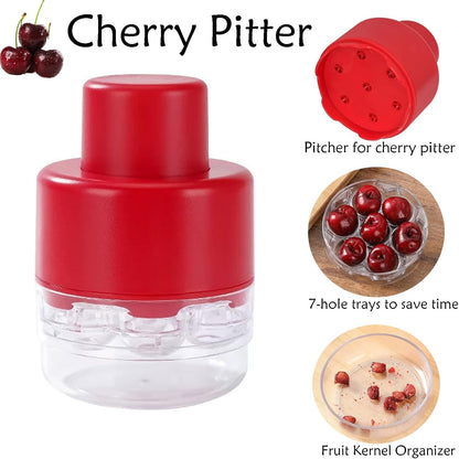 Cherry Pitter Tool,7-Hole Adjustable Fruit Seed Remover with Push-Down Design, Portable for Kitchen, Bakery & Fruit (White)