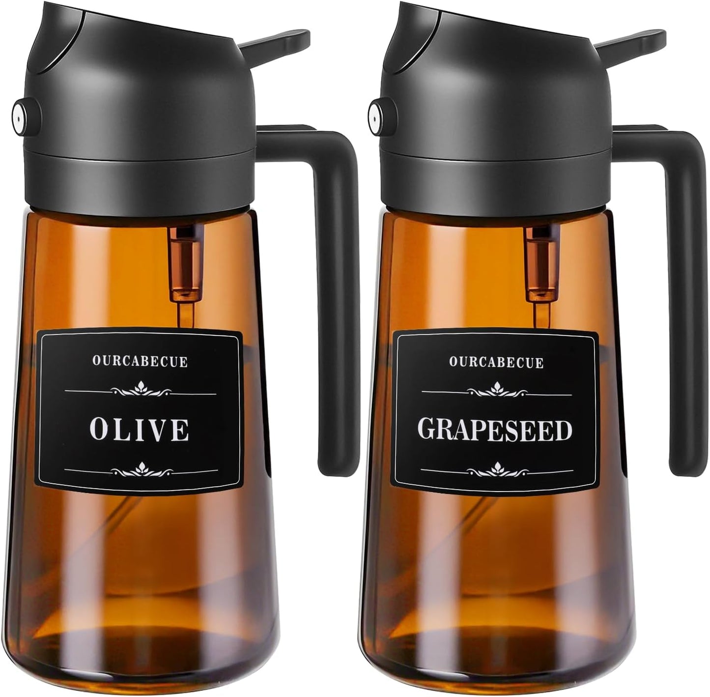 OURCABECUE 2 in 1 Olive Oil Sprayer for Cooking, 16oz/470ml Light-Blocking Dark Olive Oil Dispenser Bottle for Kitchen, Food-Grade Glass Oil Mister with 8 Oil Stickers