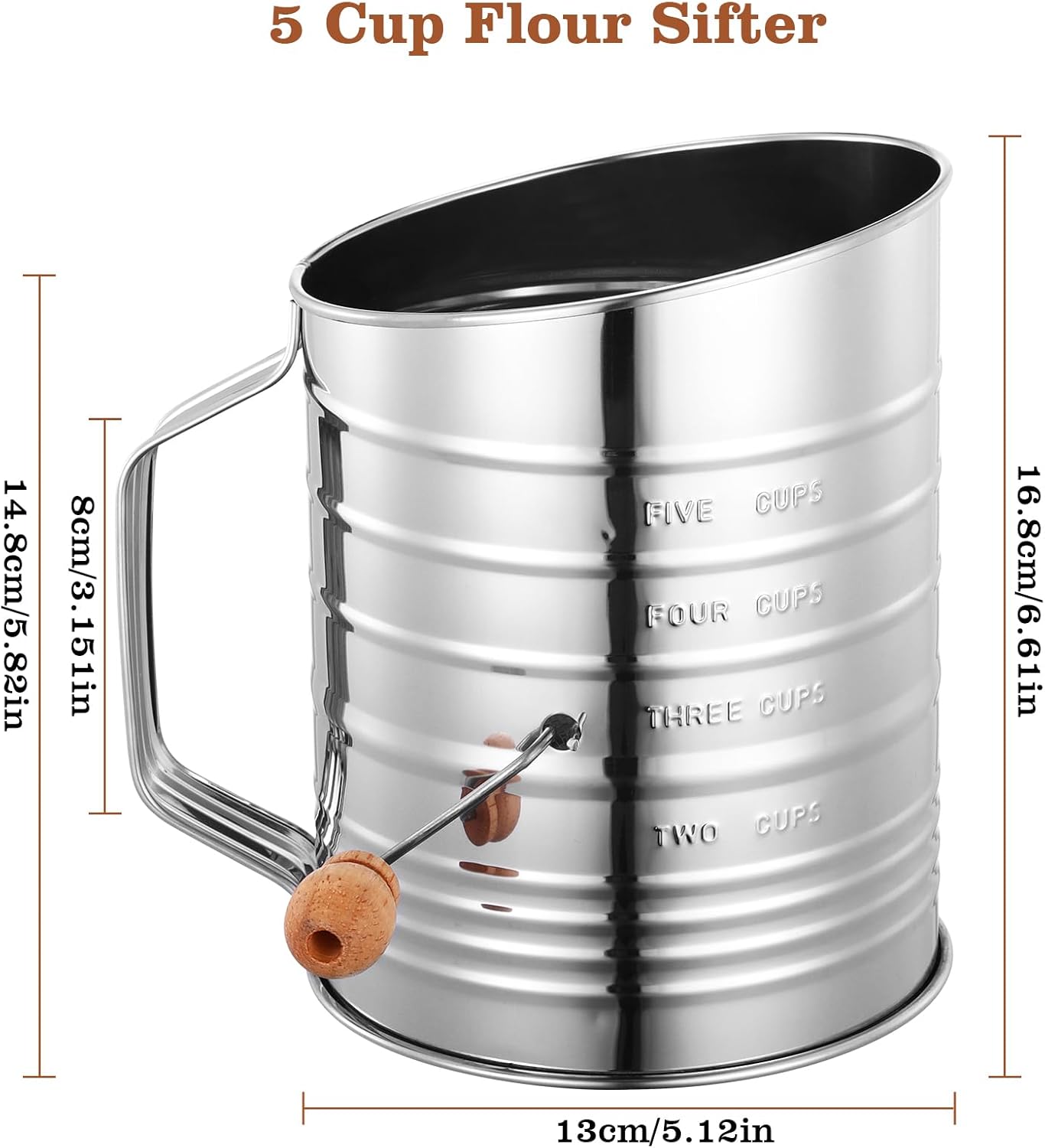 Flour Sifter for Baking, 304 Stainless Steel 5 Cup Flour Sieve Fine Mesh Screen Powder Sifters with Loop Agitator for Quick Sifting, Hand Crank Sifter for Cooking Baking Kitchen Sugar Utensil DIY