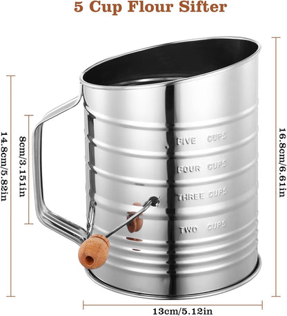 Flour Sifter for Baking, 304 Stainless Steel 5 Cup Flour Sieve Fine Mesh Screen Powder Sifters with Loop Agitator for Quick Sifting, Hand Crank Sifter for Cooking Baking Kitchen Sugar Utensil DIY