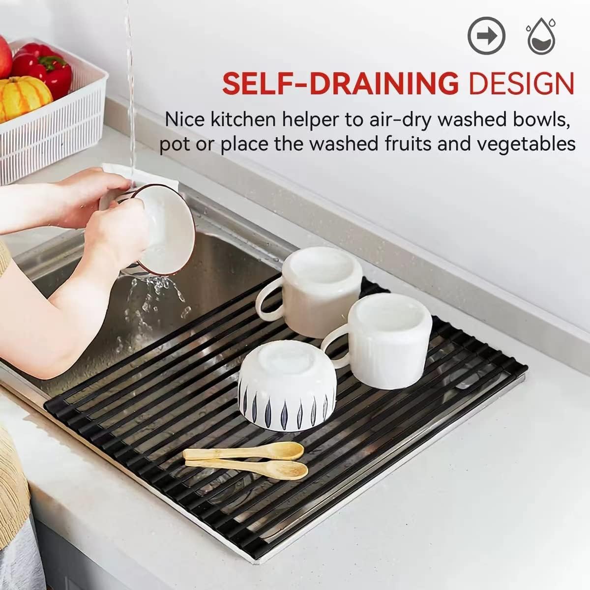 MERRYBOX Roll Up Over The Sink Dish Drying Rack Silicone Wrapped Foldable, Heat-Resistant, Anti-Slip Sink Rack Multipurpose Dish Drainer for Kitchen Sink Counter - White, 17.5" x 11"