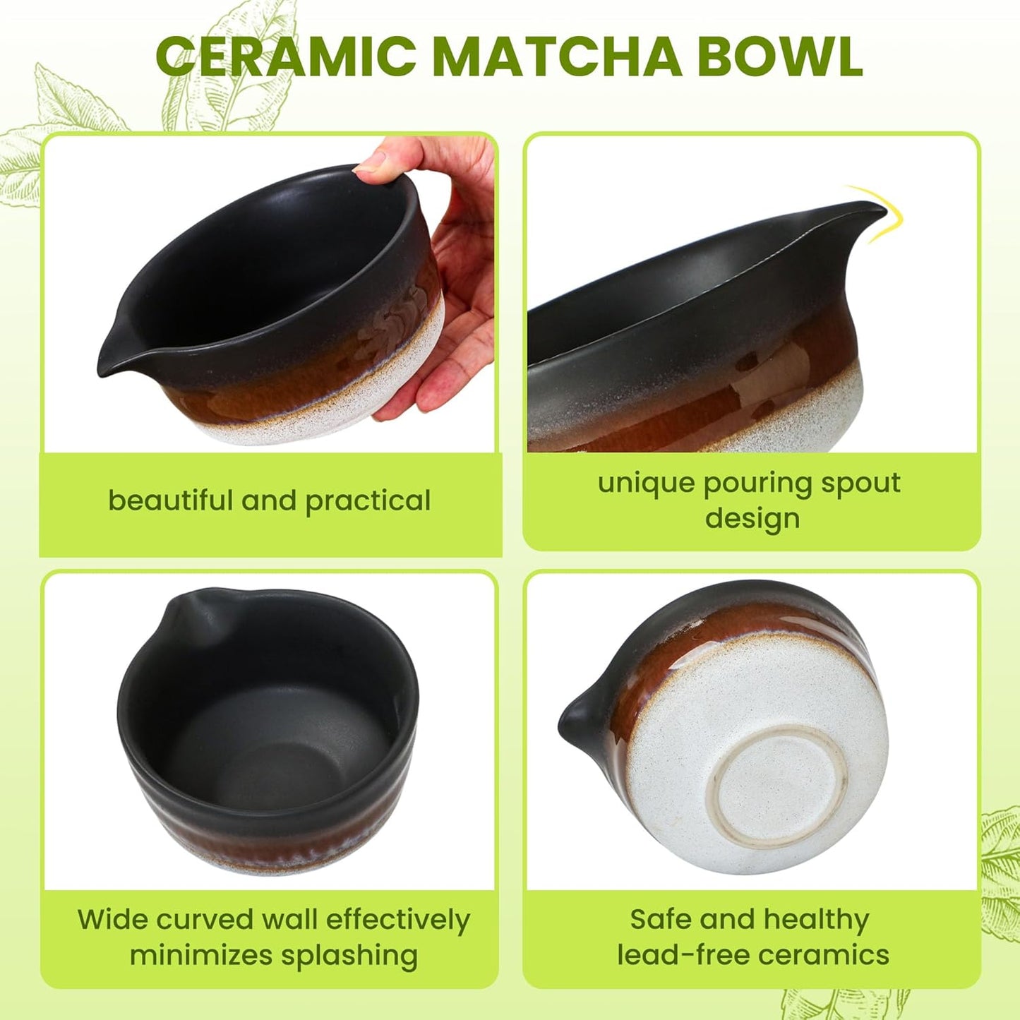 Matcha Whisk Set, Ceramic Matcha Kit Desert Style, Matcha Whisk and Bowl, Bamboo Scoop and Rest, Sifter and Tea Towel, 7 Pcs Gifts for Matcha Lover - Matte Black