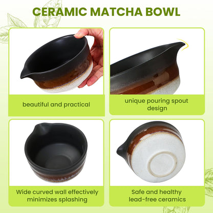 Matcha Whisk Set, Ceramic Matcha Kit Desert Style, Matcha Whisk and Bowl, Bamboo Scoop and Rest, Sifter and Tea Towel, 7 Pcs Gifts for Matcha Lover - Matte Black