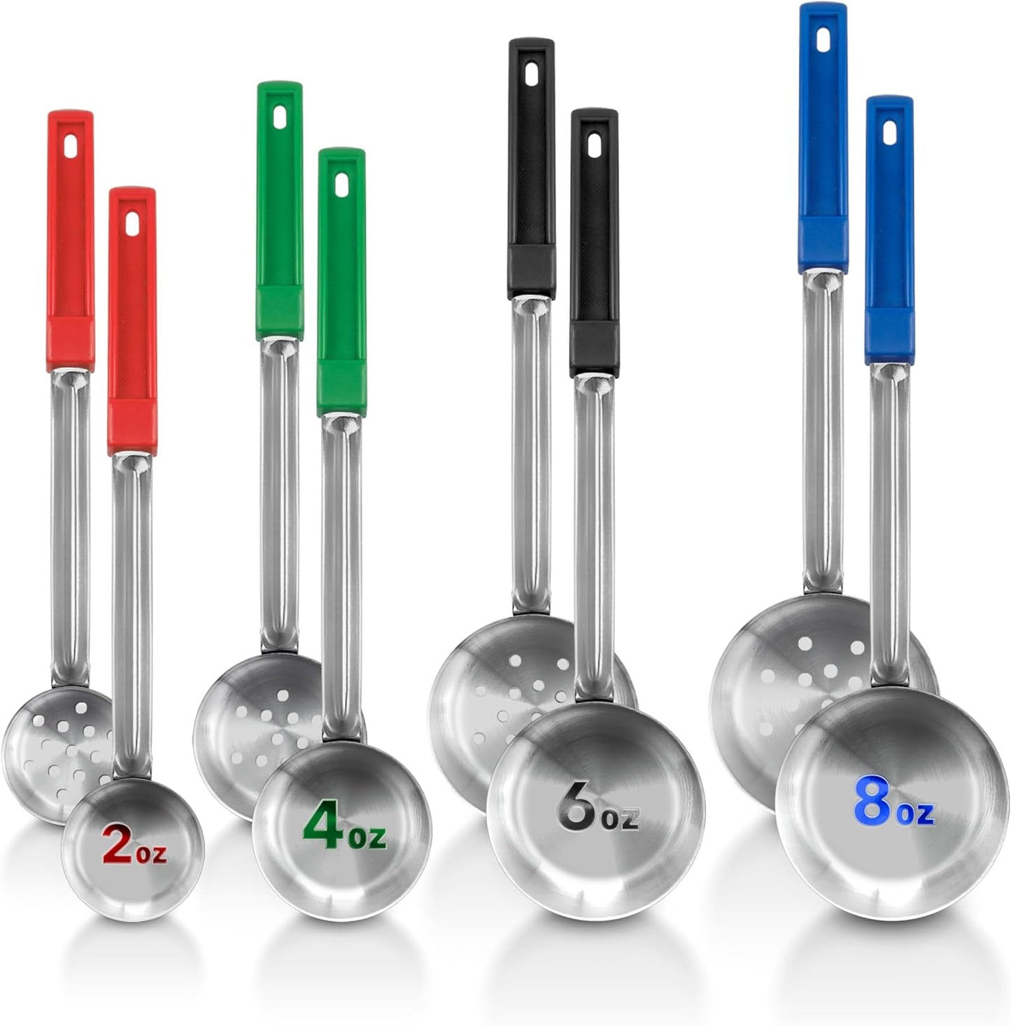 Portion Control Serving Spoons (Set of 8), Slotted & Unslotted Portion Scoops for Food, Heavy Duty Stainless Steel Utensils for Portion Control, 2, 4, 6, and 8oz Scoops for Portion Perfection
