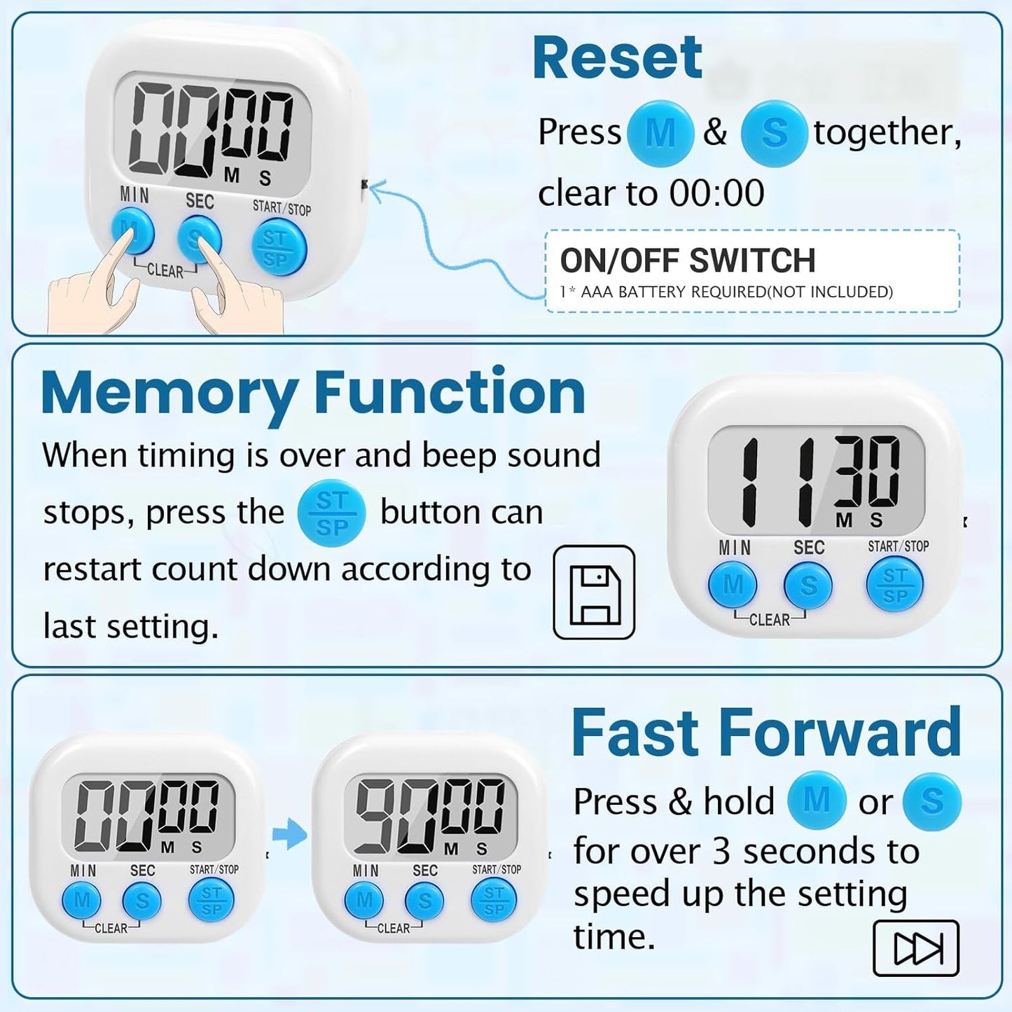12 Pack Digital Kitchen Timers for Cooking, Loud Alarm Large LCD Display Magnetic Classroom Timers for Teachers Kids, Extensively Use in Classroom, Cooking, Meeting, Gym