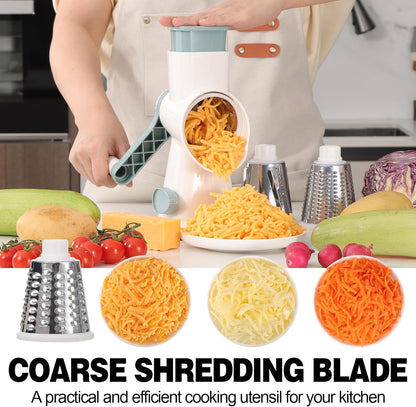 Cheese Grater Cheese Shredder with 3 Interchangeable Blades, Rotary Cheese Grater Manual Vegetable Slicer with Non-slip Suction Base Peanut Nuts Grinder Vegetable Shredder Clear