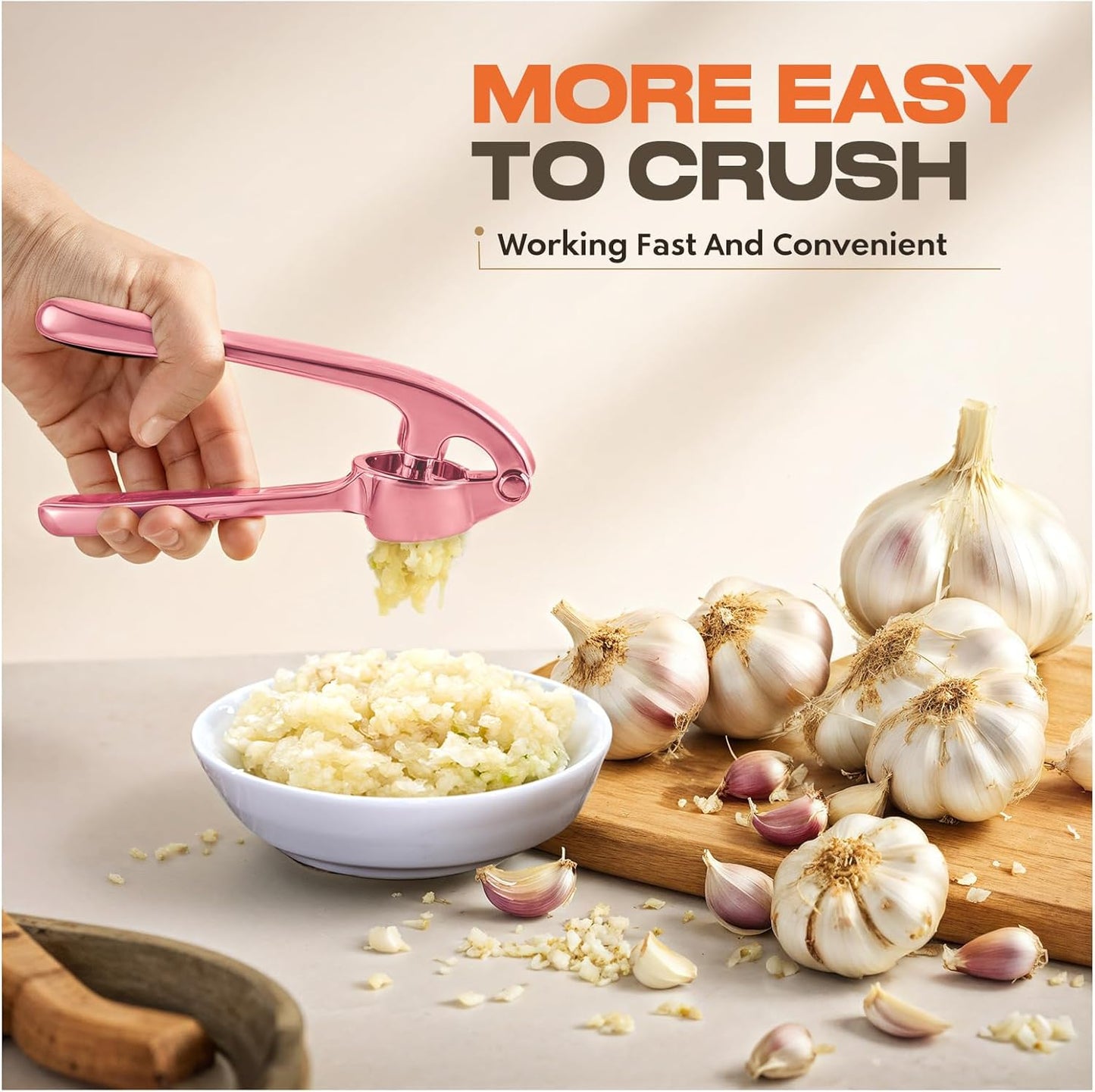 Kitchen Garlic Press, Rust Proof & Dishwasher Safe Garlic Mincer, Durable Garlic Crusher Set with Peeler＆Brush, Easy to Clean and Squeeze, Matte